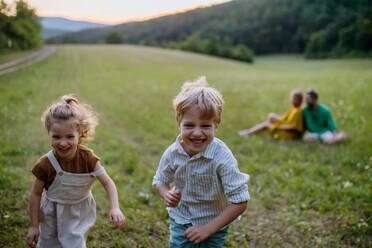 Eine glückliche junge Familie, die draußen in der grünen Natur Zeit miteinander verbringt. - HPIF04920