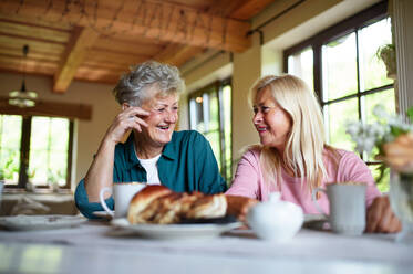 Happy senior friends having coffee and a cake and talking indoors at home. - HPIF05115