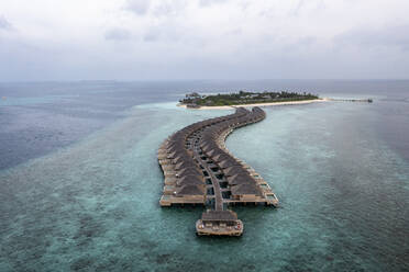 Aerial view of sea with water bungalows, Maldives - AMF09726