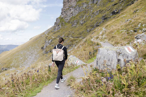 Junger Wanderer mit Rucksack auf Wanderweg in den Bergen - MEF00147