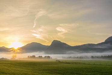 Deutschland, Bayern, Ländliche Landschaft bei nebligem Sonnenaufgang - FOF13234