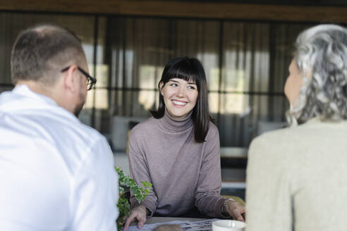 Smiling woman having a meeting with businessman and businesswoman in office - SEAF01591