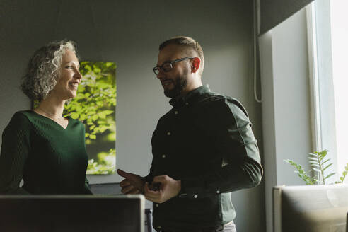 Smilinig businessman and businesswoman talking in office - SEAF01735