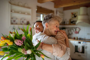 A happy senior mother hugging adult daughter indoors at home, mothers day or birthday celebration. - HPIF05168