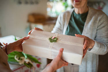Eine Nahaufnahme von unerkennbaren erwachsenen Tochter ghiving Geschenk an ältere Mutter drinnen zu Hause, Mütter Tag oder Geburtstag feiern. - HPIF05170