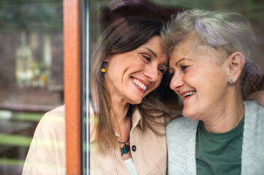 A close-up portrait of happy senior mother with adult daughter indoors at home, hugging and laughing. - HPIF05184