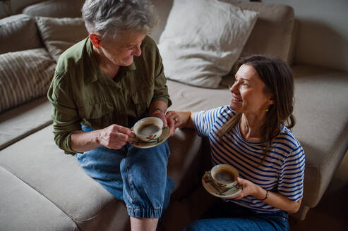 Eine glückliche ältere Mutter trinkt mit ihrer erwachsenen Tochter zu Hause Kaffee und unterhält sich. - HPIF05202