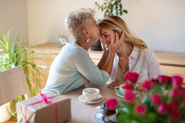 A happy senior mother having coffee with adult daughter indoors at home, kissing her on forehead. - HPIF05237