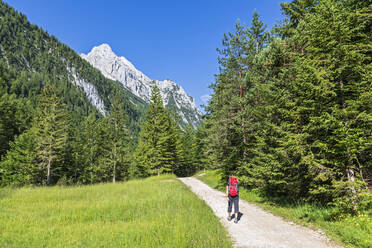 Deutschland, Bayern, Wanderin auf Wanderweg im Wettersteingebirge - FOF13281