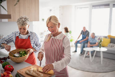 Eine Gruppe fröhlicher älterer Freunde feiert drinnen eine Party, kocht und unterhält sich. - HPIF05338