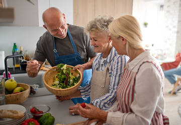 Eine Gruppe fröhlicher älterer Freunde feiert drinnen eine Party, kocht und unterhält sich. - HPIF05340