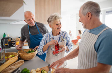 Eine Gruppe fröhlicher älterer Freunde feiert drinnen eine Party, kocht und unterhält sich. - HPIF05341