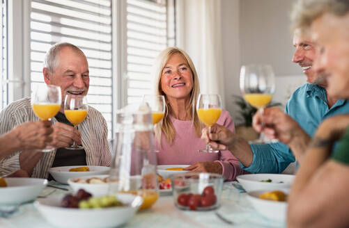 Eine Gruppe älterer Freunde feiert drinnen eine Party und unterhält sich beim Essen am Tisch. - HPIF05343