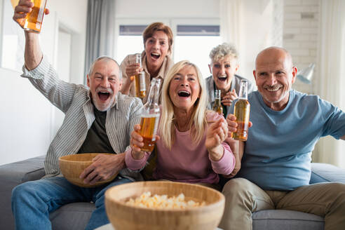 Gruppe von fröhlichen älteren Freunden beobachten Film drinnen, Party, geselliges Beisammensein und Spaß haben Konzept. - HPIF05352