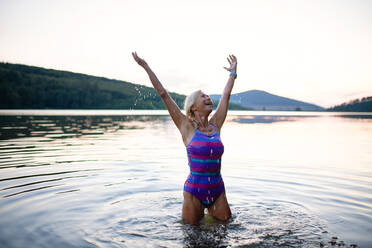 A portrait of active senior woman swimmer standing and stretching outdoors in lake. - HPIF05429