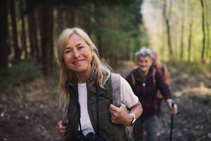 Glückliche ältere Frauen Wanderer im Freien Wandern im Wald in der Natur, Blick auf die Kamera. - HPIF05483
