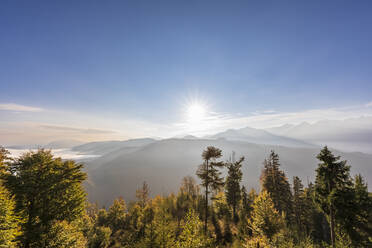 Deutschland, Bayern, Estergebirge bei nebligem Sonnenaufgang - FOF13323