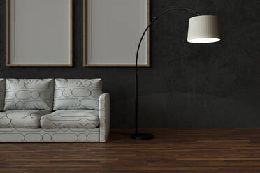 Three dimensional render of floor lamp standing beside white sofa - GCAF00258