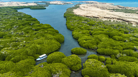 Saudi Arabia, Jazan Province, Aerial view of boat sailing through mangrove forest in Farasan Islands archipelago - RUNF04866