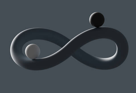 Three dimensional render of two spheres balancing on infinity symbol - DRBF00302
