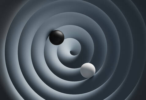 Three dimensional render of two spheres rolling down spiral - DRBF00303