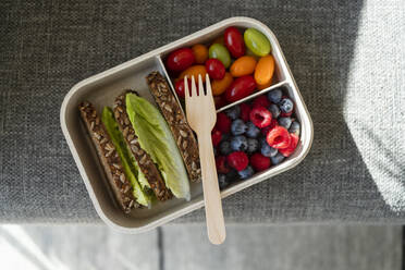 Roggenbrot, Beeren und Salat mit Einweggabel in Lunchbox auf Sofa - SVKF00989
