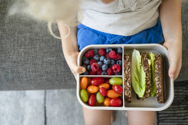 Hände eines Mädchens, das eine Lunchbox mit gesundem Essen auf dem Sofa zu Hause hält - SVKF01009
