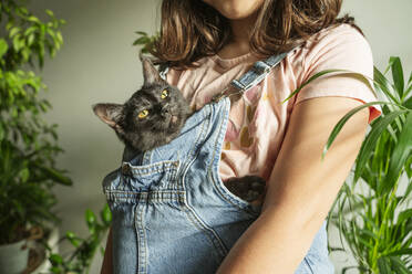 Mädchen mit Katze in der Tasche zu Hause - OSF01258