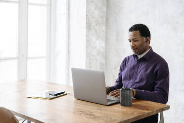 Mature businessman using laptop at office desk - EYAF02429