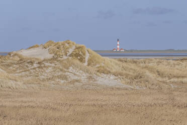 Deutschland, Schleswig-Holstein, St. Peter-Ording, Stranddünen mit Leuchtturm Westerheversand im Hintergrund - KEBF02551