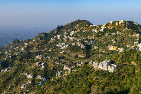 Saudi Arabia, Jazan Province, Faifa, Aerial view of rural settlement in Faifa Mountains - RUNF04925