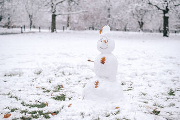 Schneemann im verschneiten Park stehend - AMWF01070