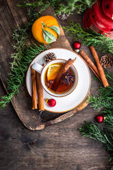 Winterlicher heißer Tee mit Gewürzen und Zitrone in der Tasse - ADSF42521