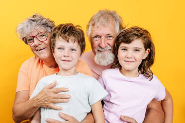 Cheerful grandparents hugging grandchildren wearing casual outfits looking at camera having fun together - ADSF42589
