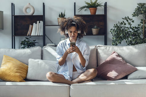 Young woman surfing net using mobile phone sitting on sofa at home - JSRF02341