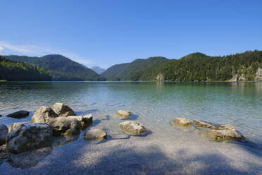 Germany, Bavaria, Shore of Lake Alpsee with forested hills in background - WIF04678