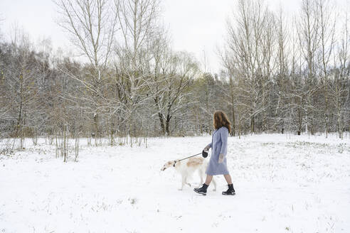 Mature woman walking with greyhound dog in winter park - EYAF02484