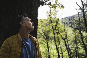 Mature man leaning on tree trunk in forest - UUF27859
