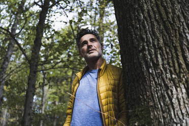 Thoughtful mature man standing by tree in forest - UUF27861