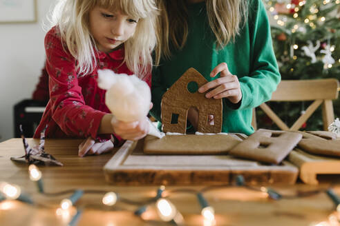 Sisters decorating gingerbread house at home - TYF00633