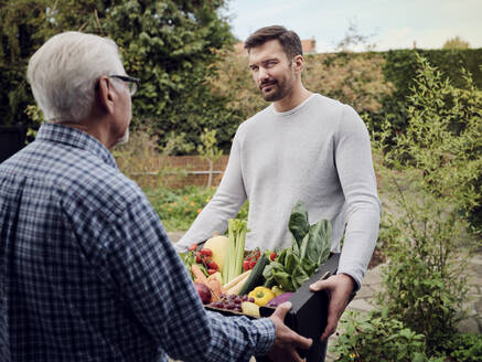 Mann liefert eine Kiste mit frischem Gemüse an einen älteren Mann im Garten - PWF00456