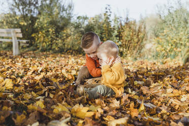 Lächelnder Junge, der seinen Bruder umarmt und ein Spielzeugflugzeug auf Herbstblättern hält - AANF00440