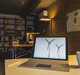 Laptop mit Windrädern auf dem Bildschirm auf dem Schreibtisch - UUF27952