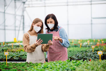 Women with tablet working in greenhouse in garden center, a coronavirus concept. - HPIF05555
