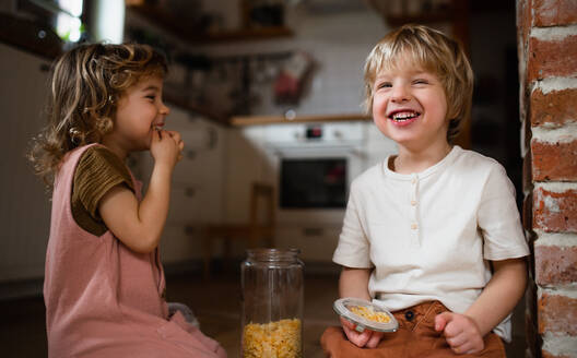 Zwei kleine Kinder im Haus, die auf dem Boden Cornflakes essen. - HPIF05599