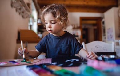 Ein konzentriertes kleines Mädchen malt Bilder zu Hause in der Freizeit. - HPIF05629