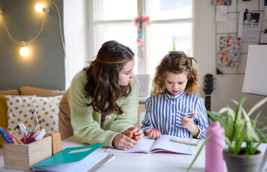 Portrait of sisters schoolgirls learning online indoors at home, coronavirus concept. - HPIF05718