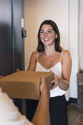 Delivery man handing package to woman - PNAF04826