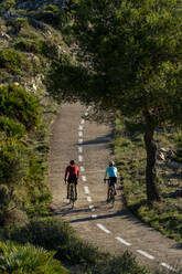 Radfahrer auf einer Bergstraße inmitten von Bäumen - AMNF00093