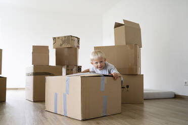 Little boy pushing cardboard box at home - NJAF00188